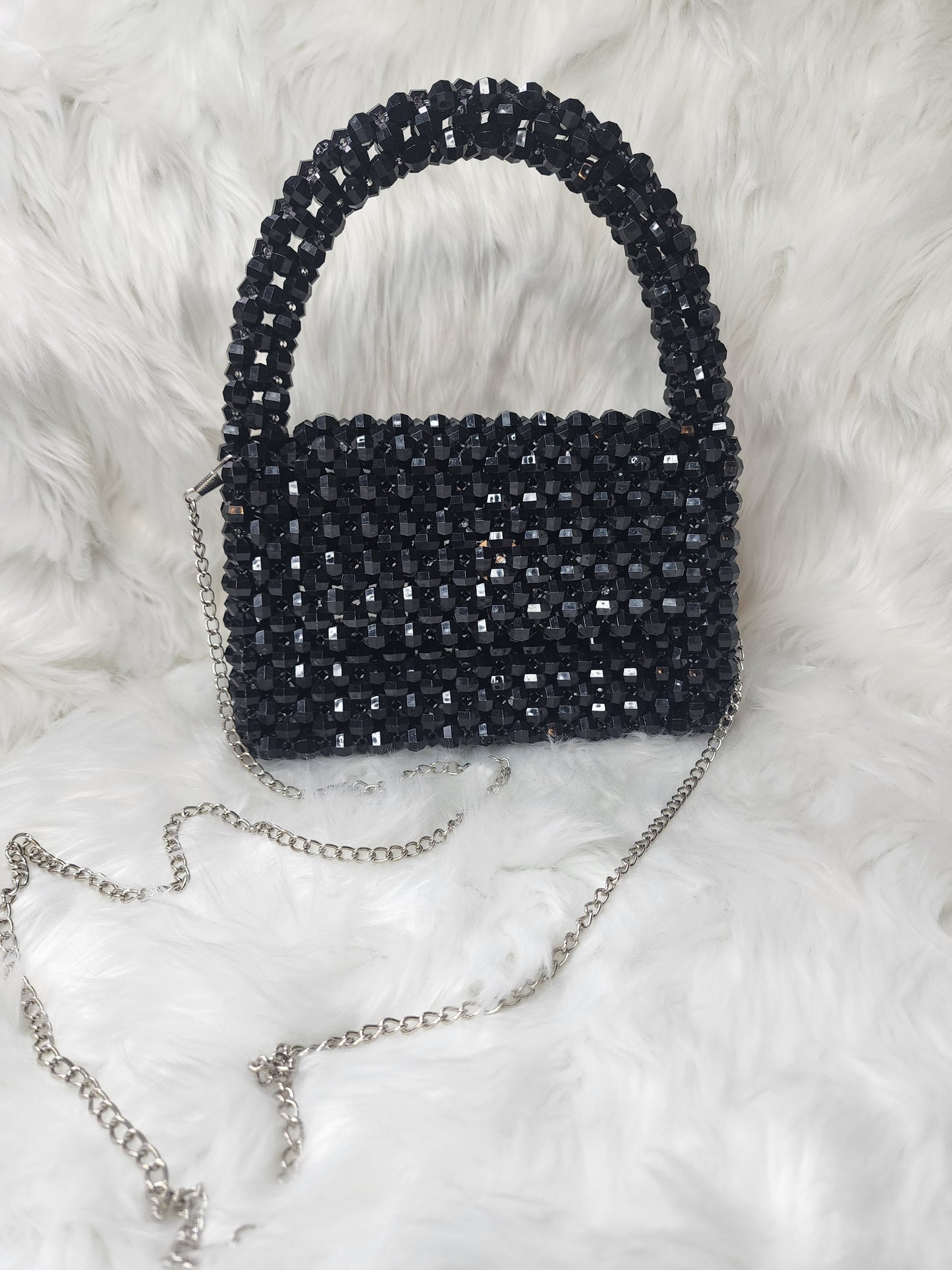 Black beaded purse with chain strap