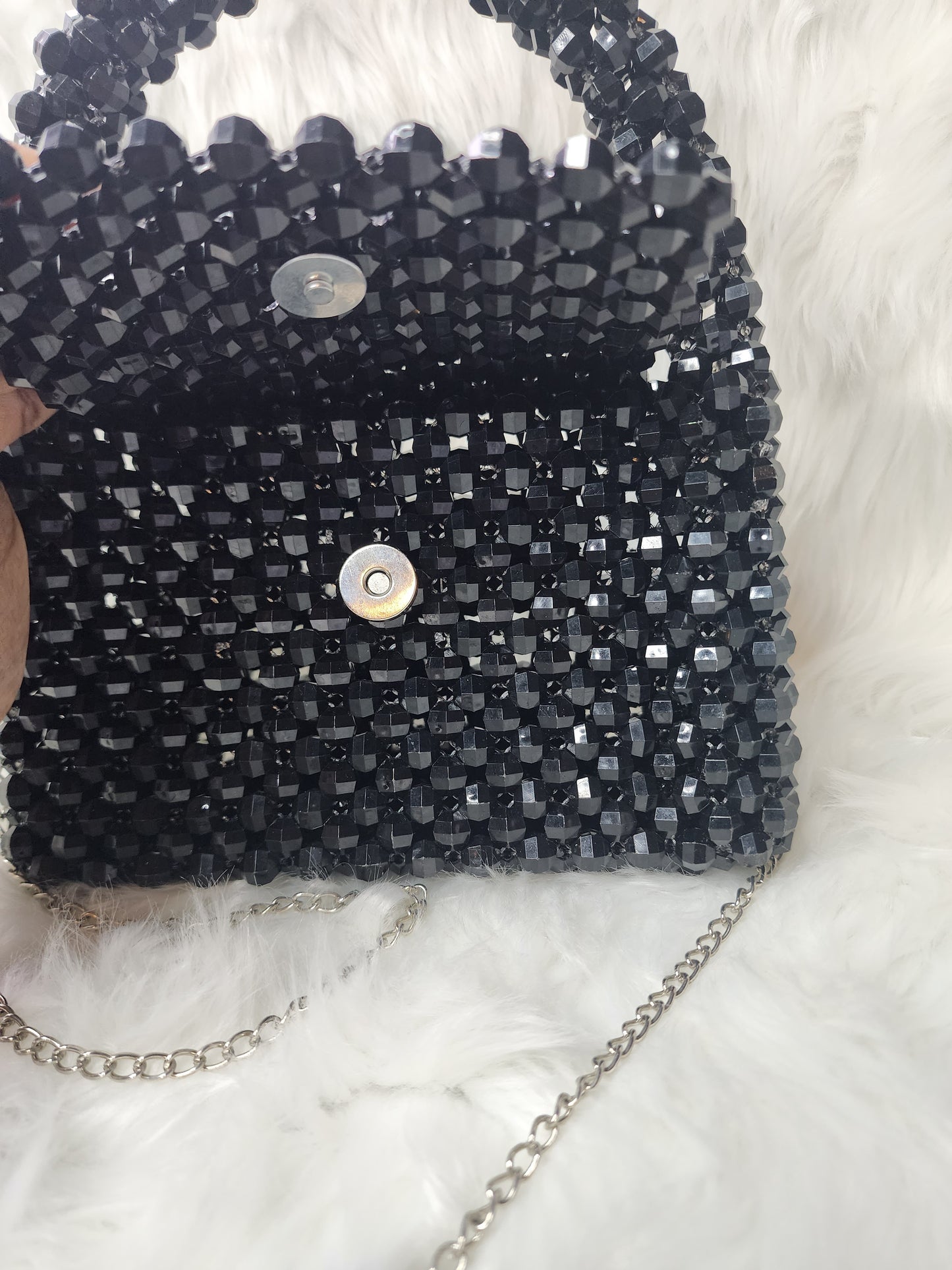 Black beaded purse with chain strap