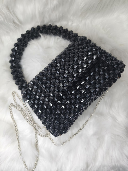 Black beaded purse with chain strap