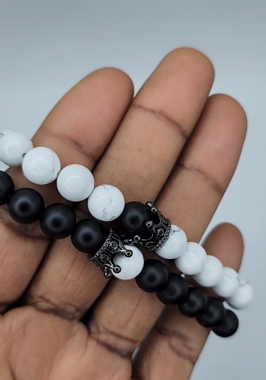 Black Onyx and White Howlite Bracelet Set with Crown Charm