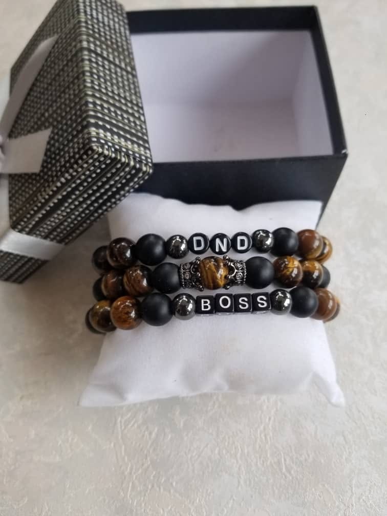 Custom Beaded Bracelet Set - Black Onyx and Brown Tiger's Eye Stones