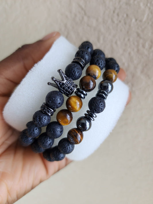 King's Crown Bracelet: Lava Stone & Tiger Eye Beads