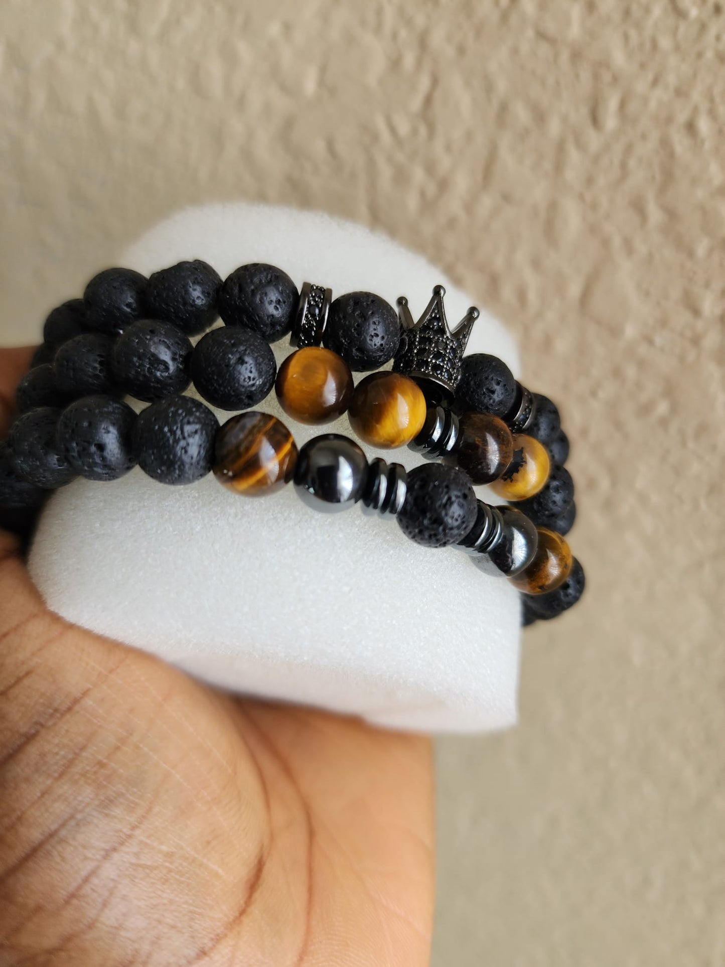 King's Crown Bracelet: Lava Stone & Tiger Eye Beads