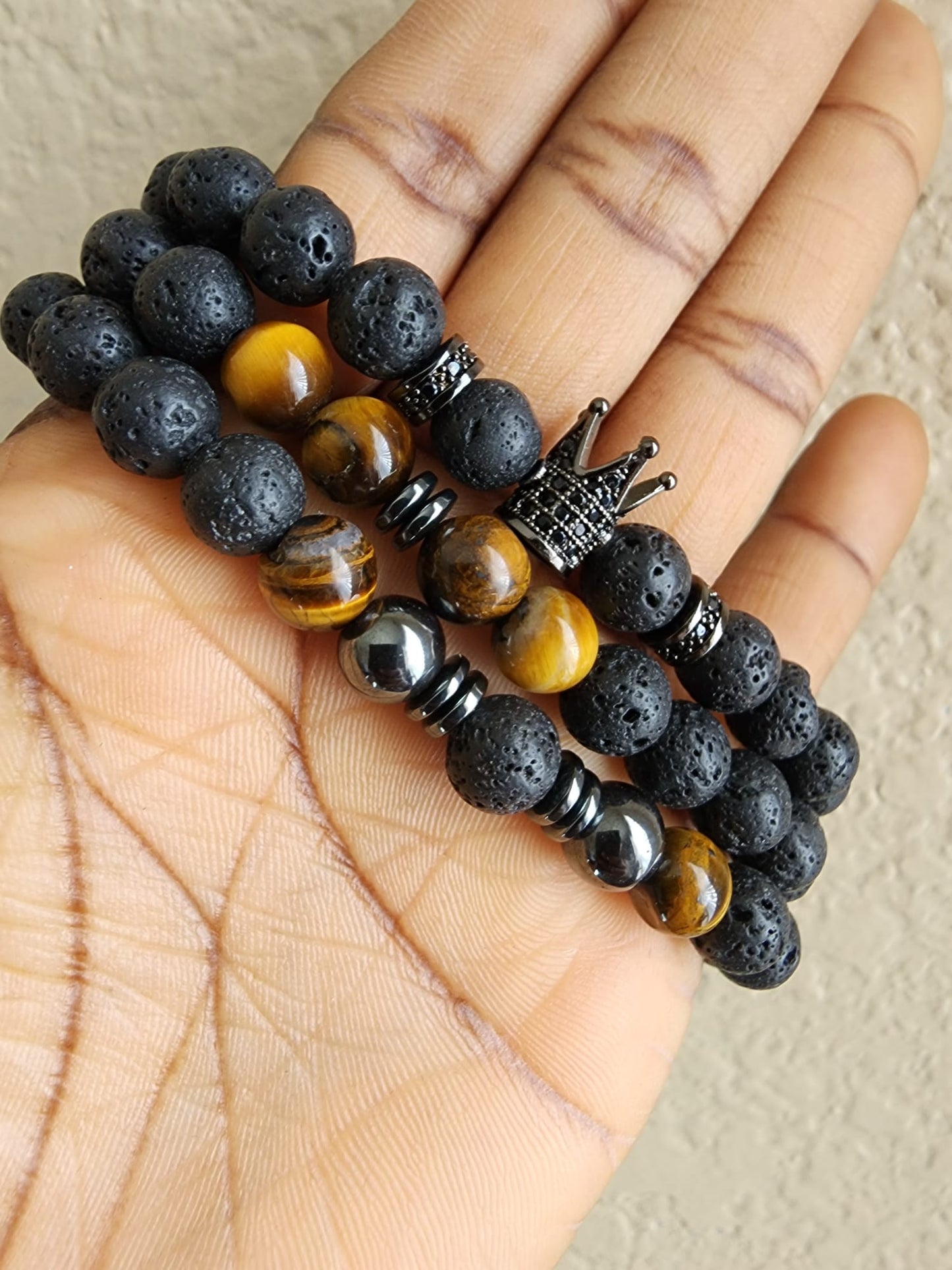 King's Crown Bracelet: Lava Stone & Tiger Eye Beads