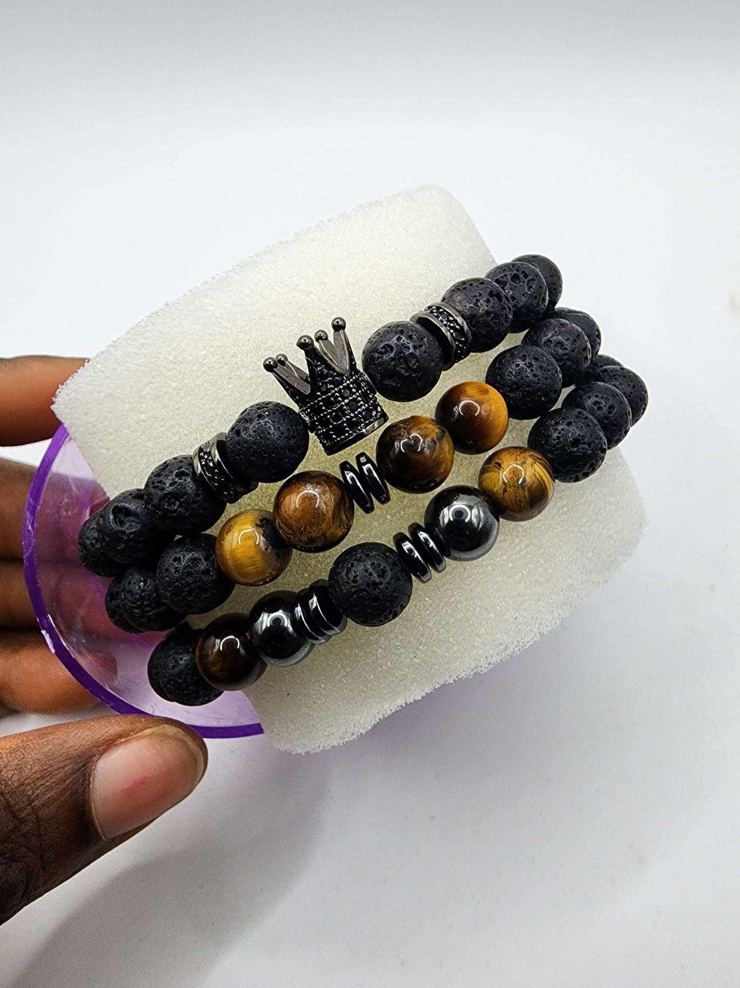 King's Crown Bracelet: Lava Stone & Tiger Eye Beads