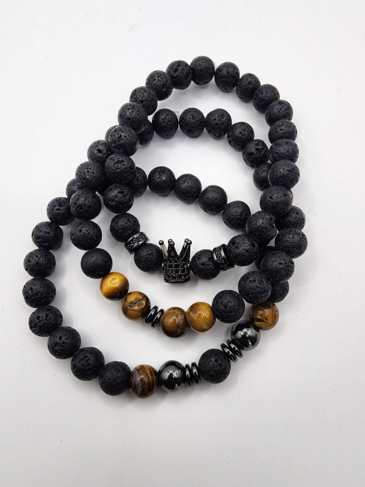 King's Crown Bracelet: Lava Stone & Tiger Eye Beads