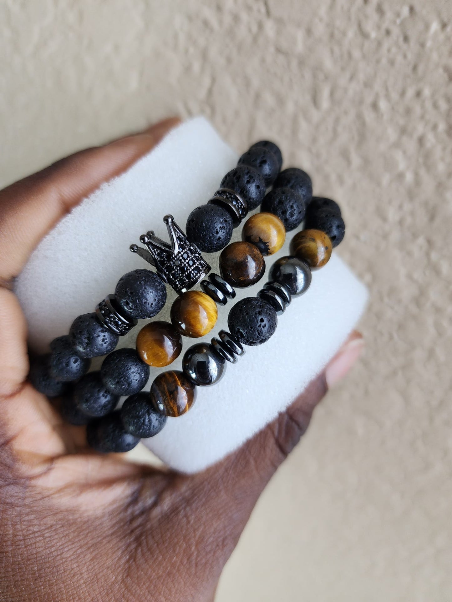 King's Crown Bracelet: Lava Stone & Tiger Eye Beads