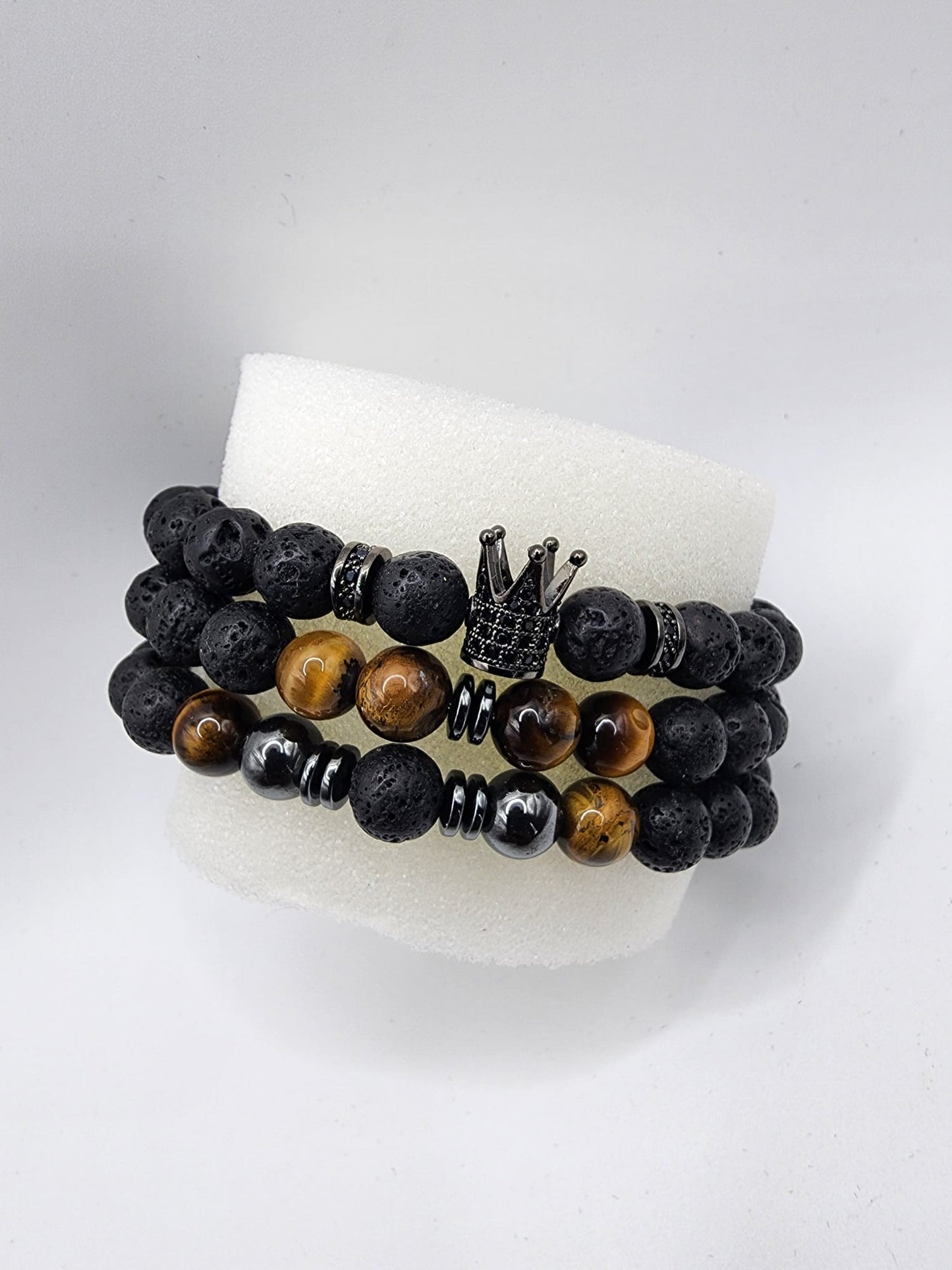 King's Crown Bracelet: Lava Stone & Tiger Eye Beads