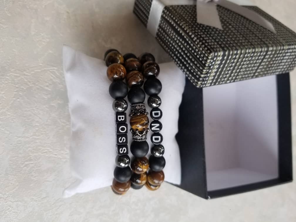 Custom Beaded Bracelet Set - Black Onyx and Brown Tiger's Eye Stones