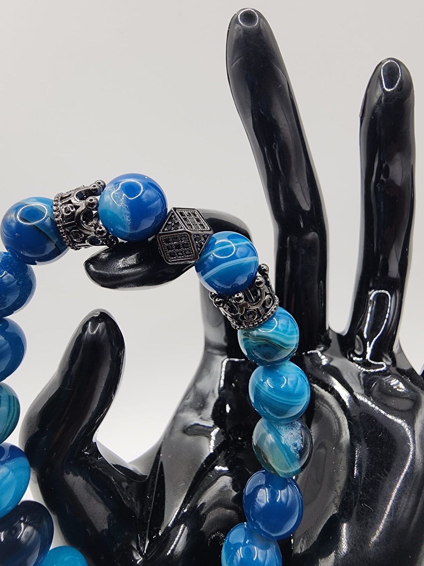 Blue Agate Beaded Bracelet with Crown Charm