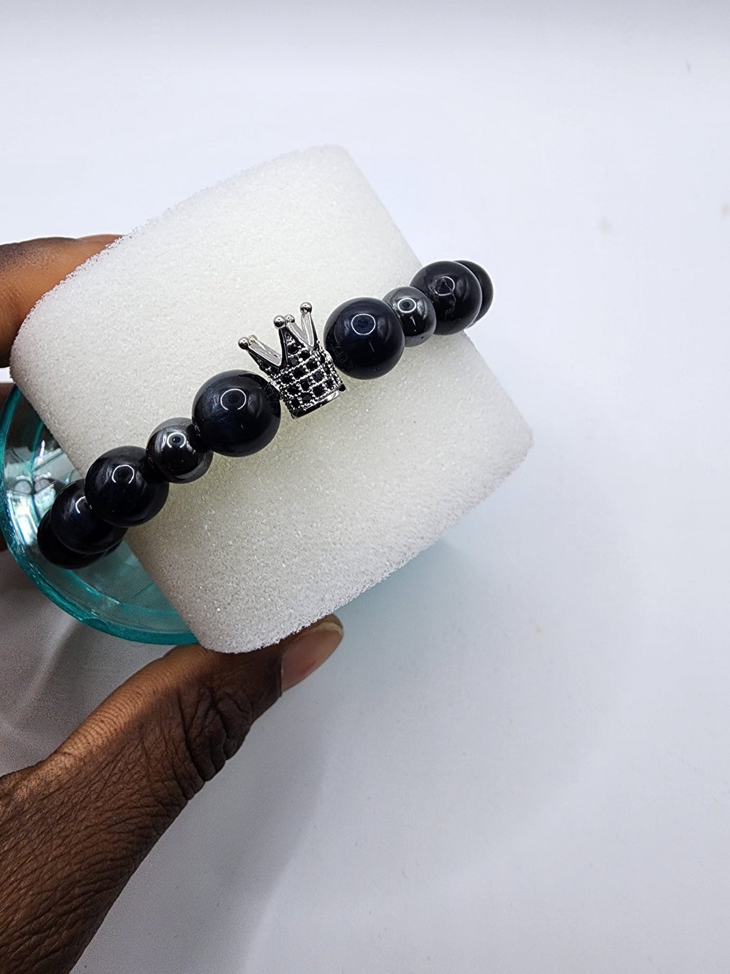 Black Onyx Bracelet with Crown Charm