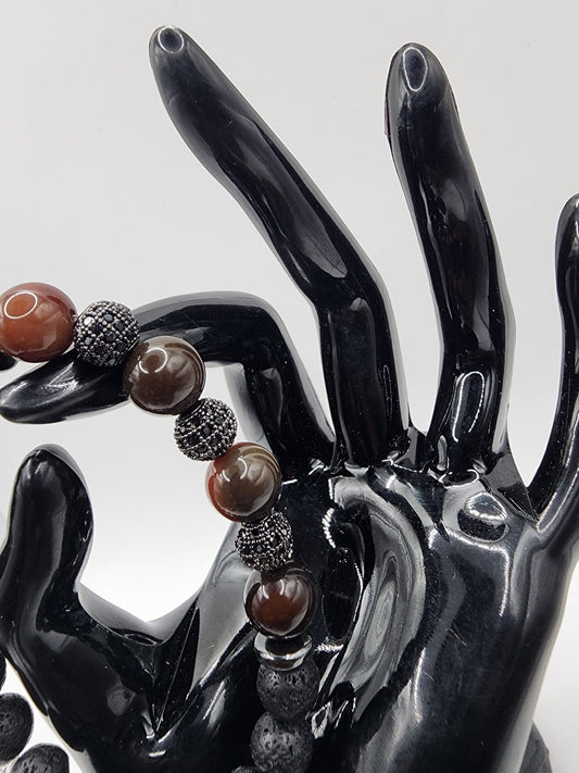 Red Agate and Lava Stone Bracelet with Zircon Spacers