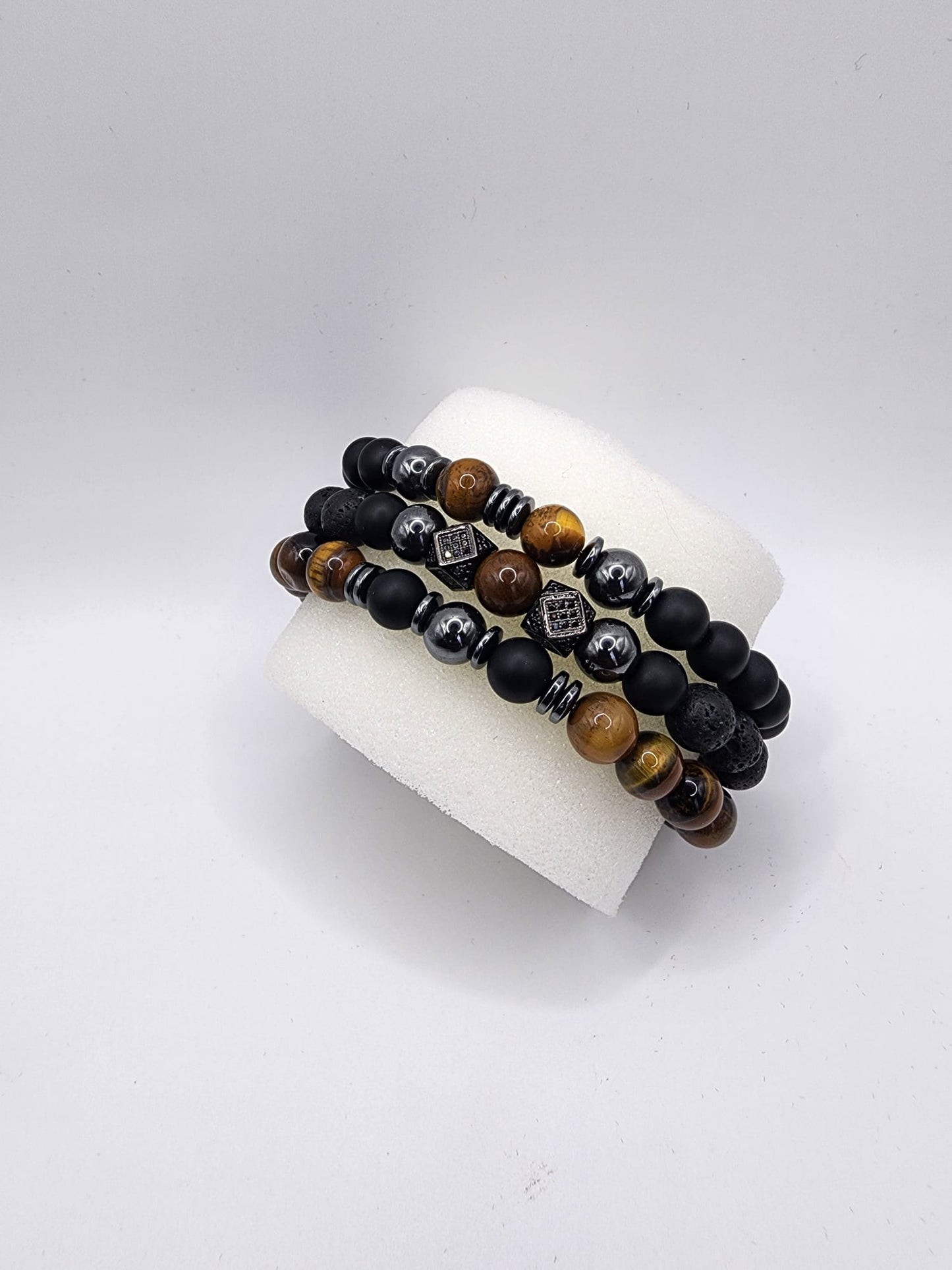 Triple Stone Bracelet Set - Black Onyx, Tiger's Eye, Hematite