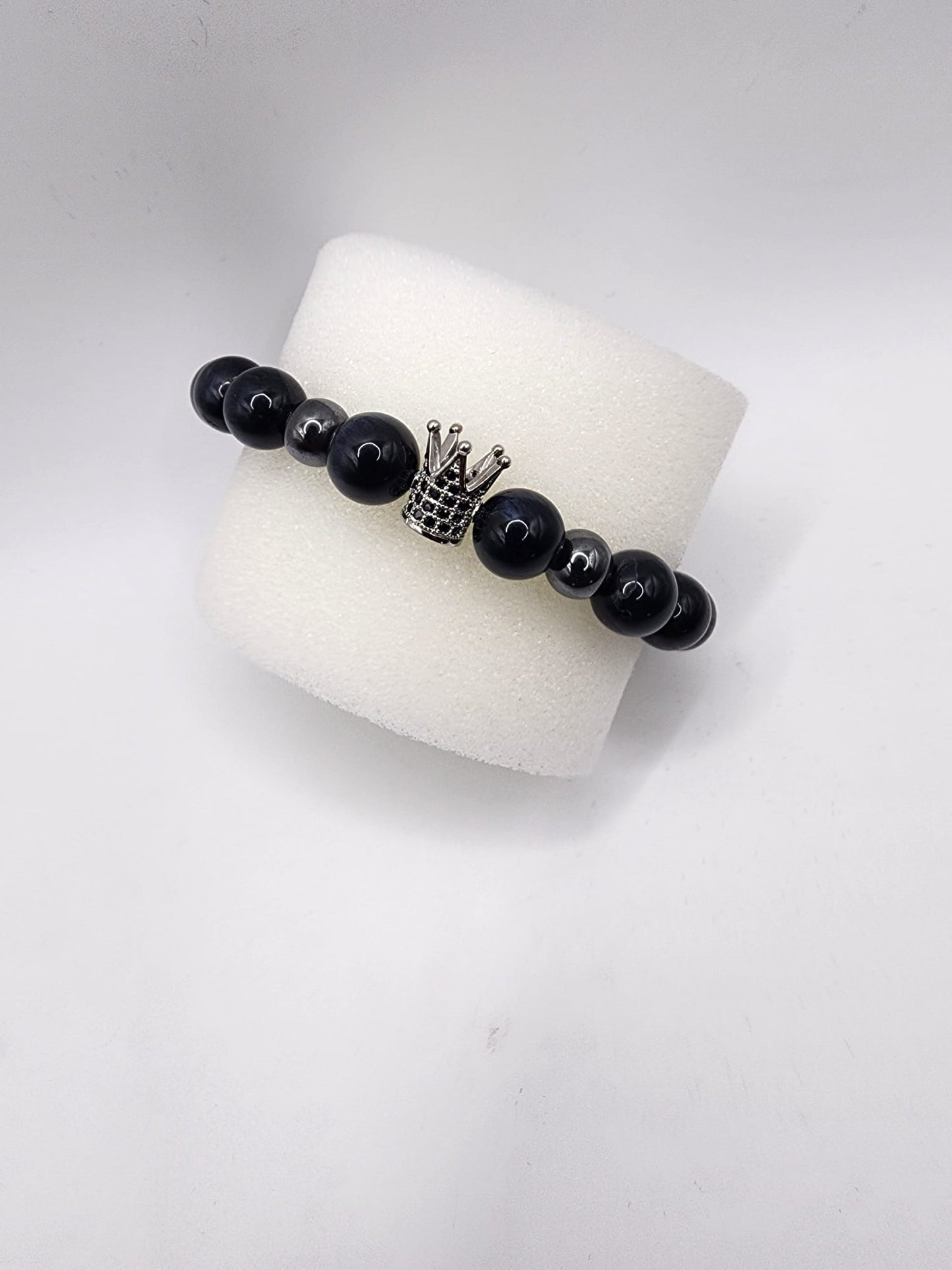 Black Onyx Bracelet with Crown Charm