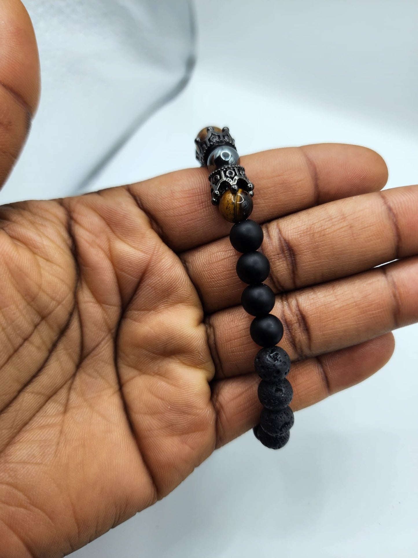 Black Onyx and Lava Bead Bracelet with Tiger's Eye