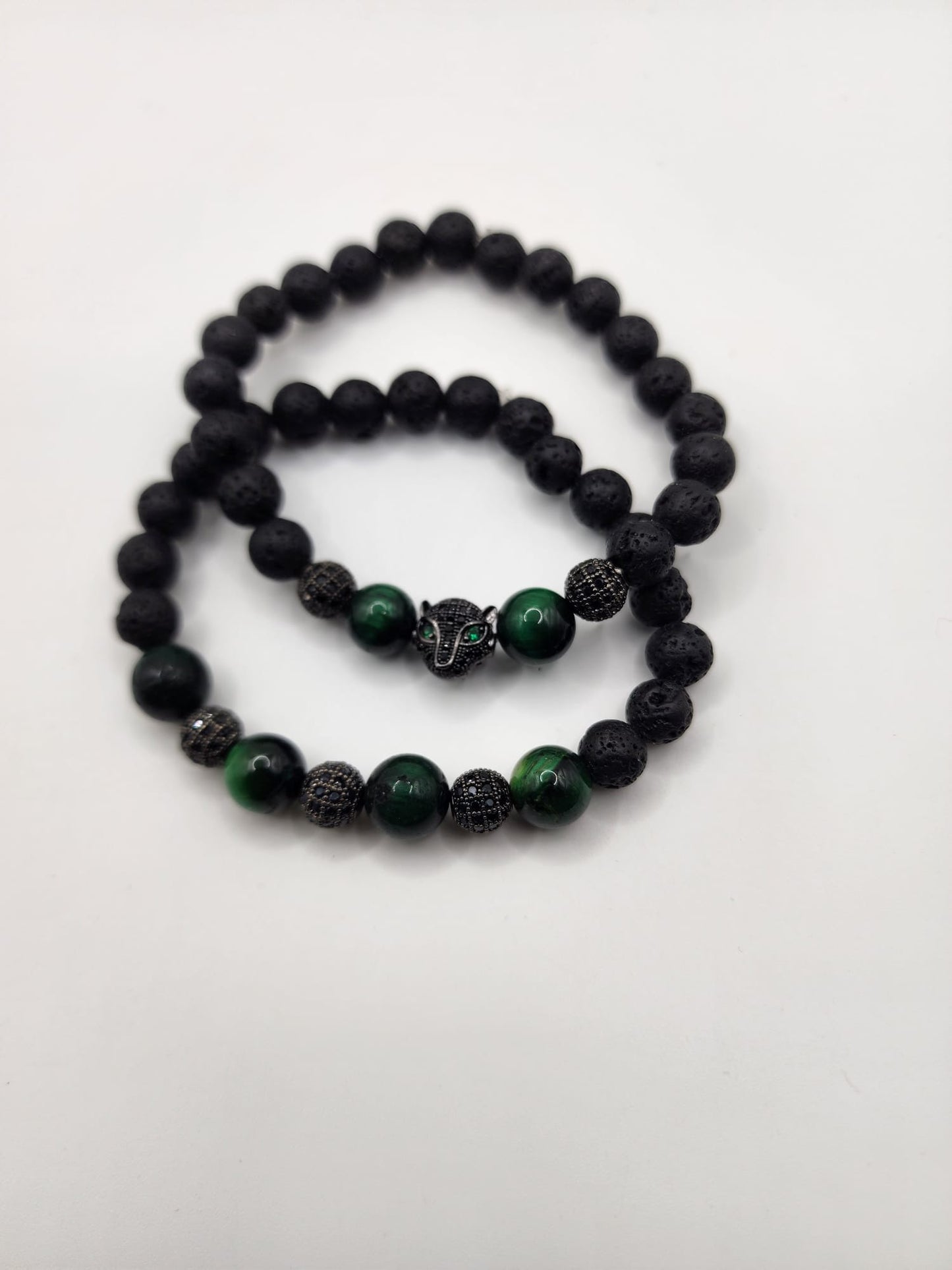 Green Malachite and Lava Bead Bracelet Set