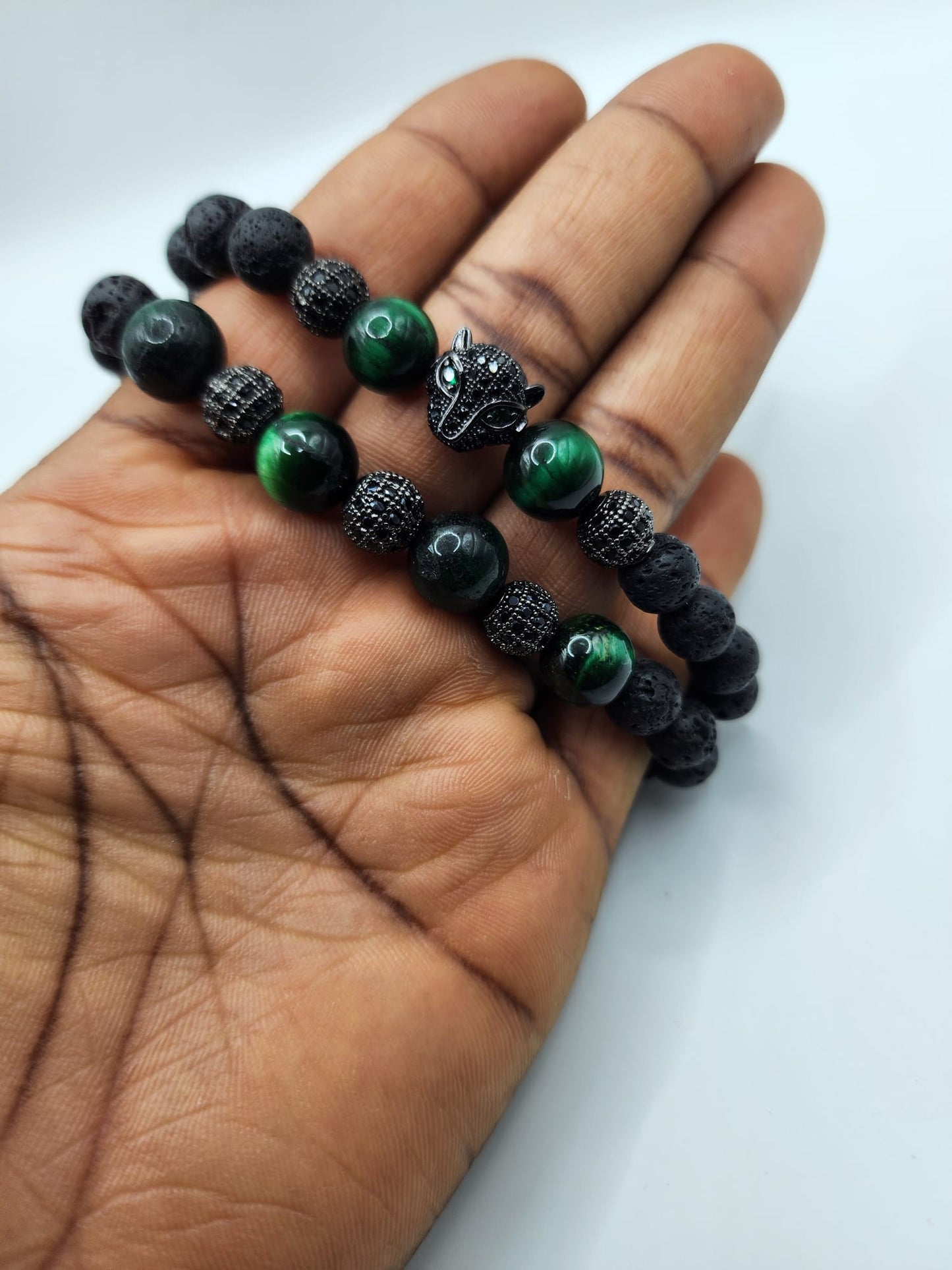 Green Malachite and Lava Bead Bracelet Set