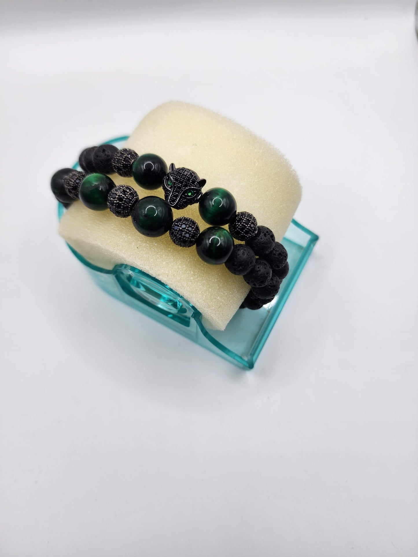 Green Malachite and Lava Bead Bracelet Set