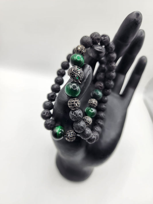 Green Malachite and Lava Bead Bracelet Set