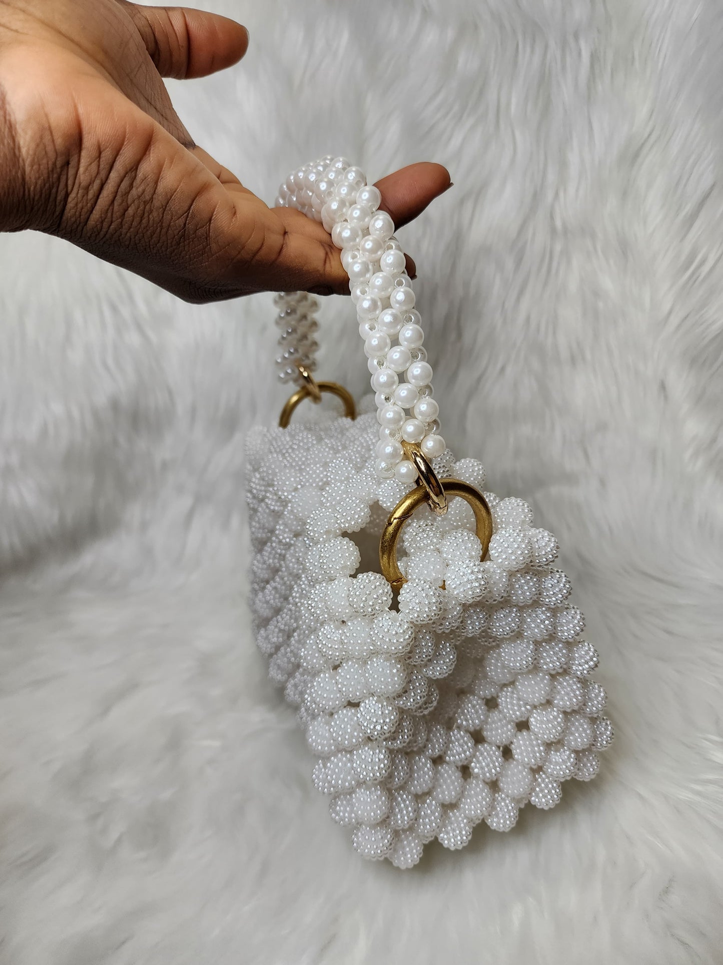 Handmade White Beaded Purse with Pearl Handle