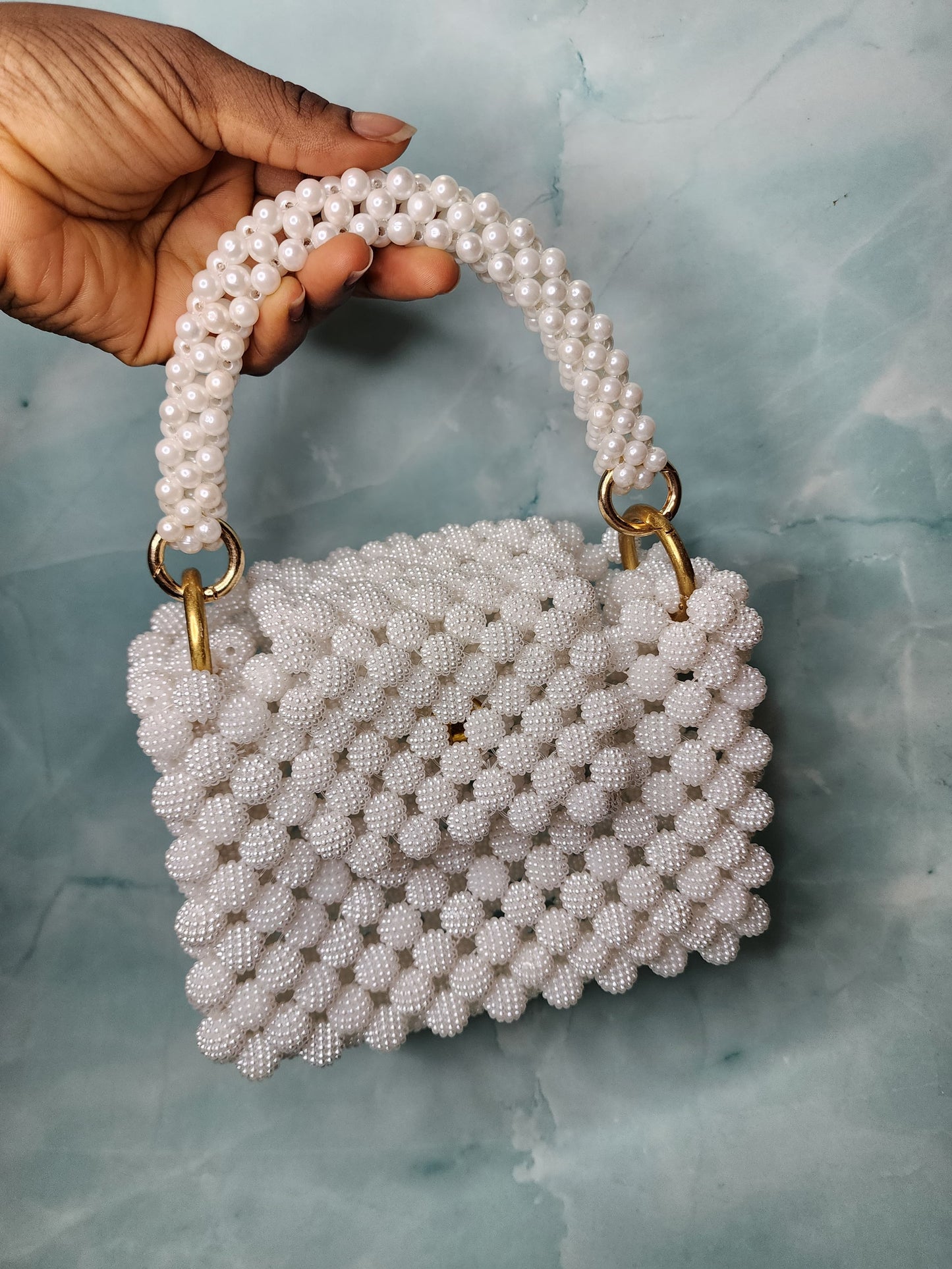 Handmade White Beaded Purse with Pearl Handle