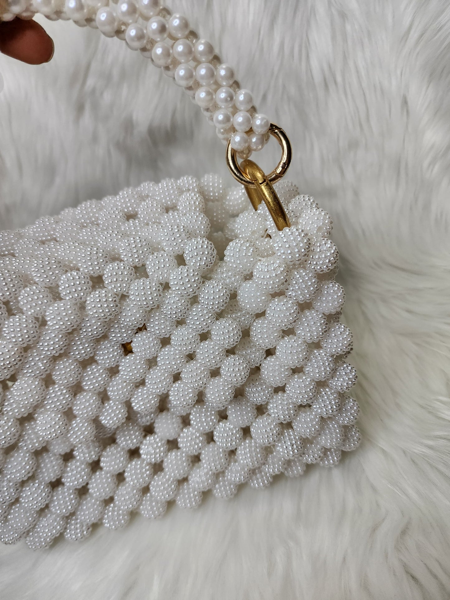 Handmade White Beaded Purse with Pearl Handle