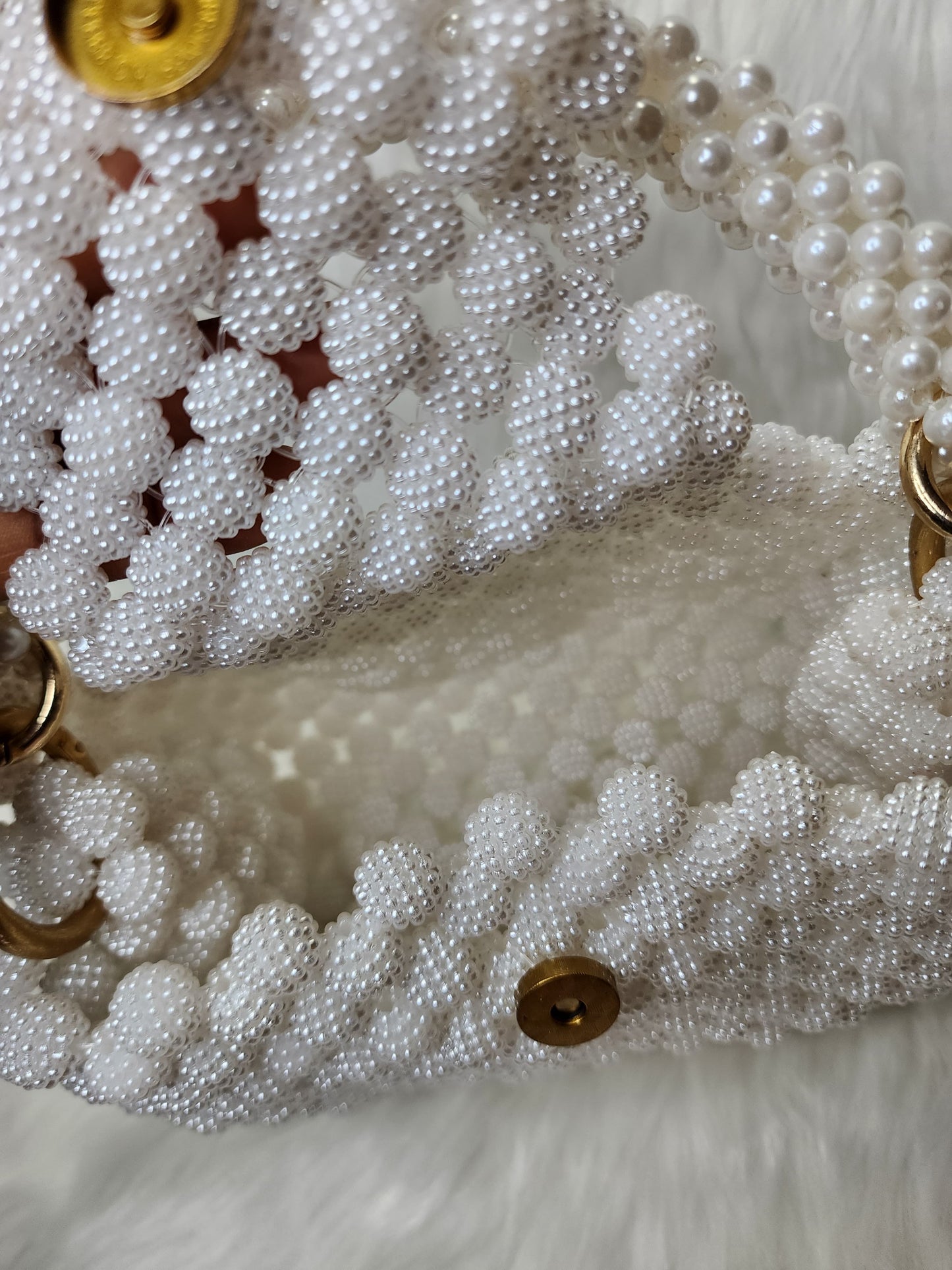 Handmade White Beaded Purse with Pearl Handle