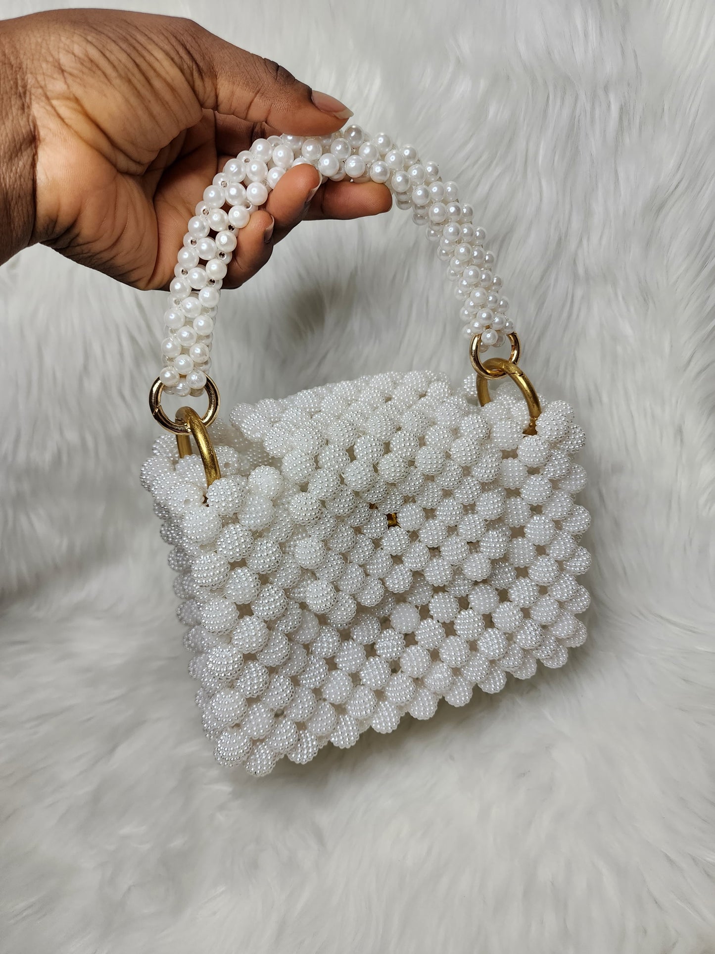 Handmade White Beaded Purse with Pearl Handle