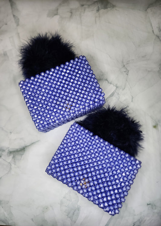 Handmade Blue Beaded Purse with Fluffy Handle