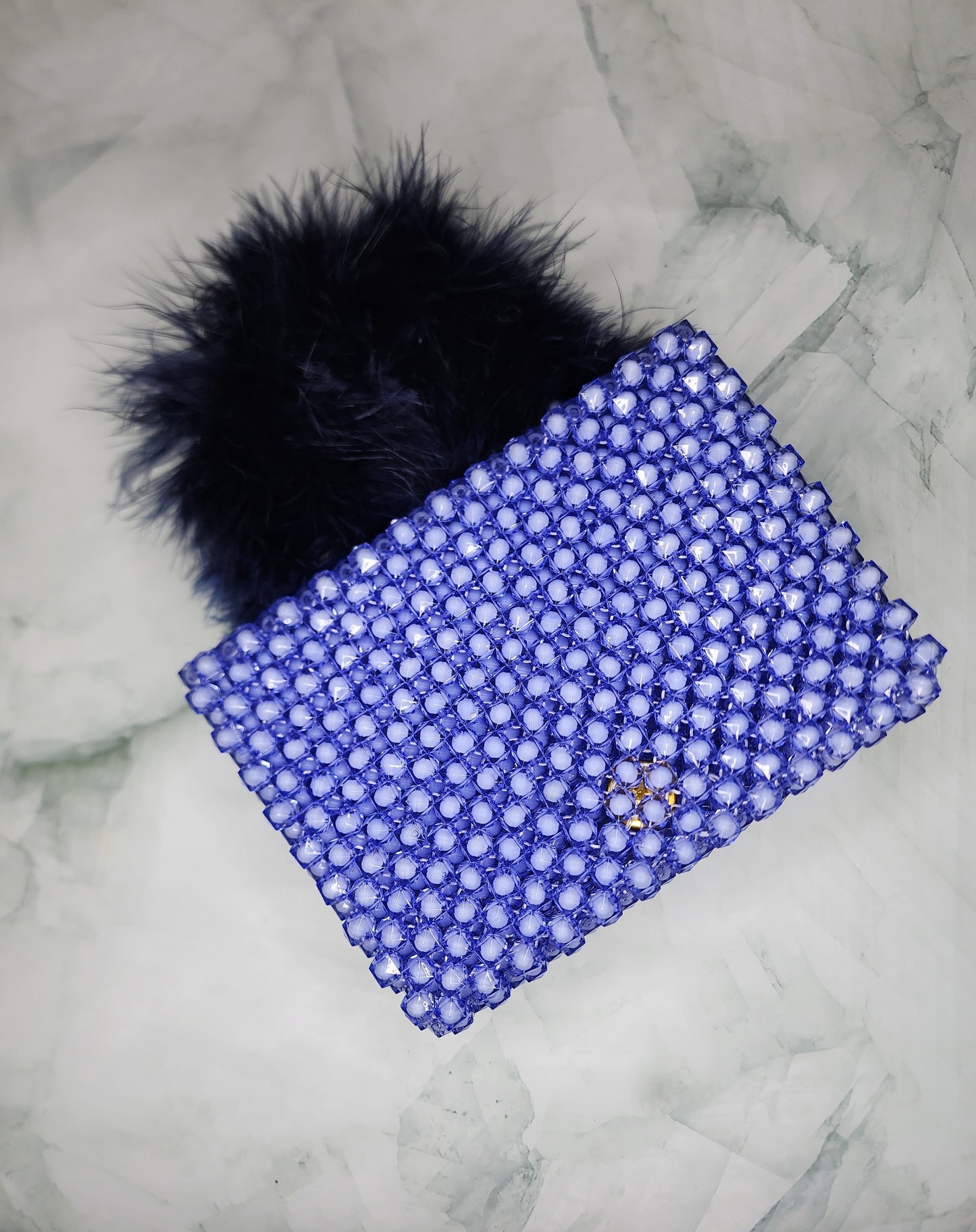 Handmade Blue Beaded Purse with Fluffy Handle