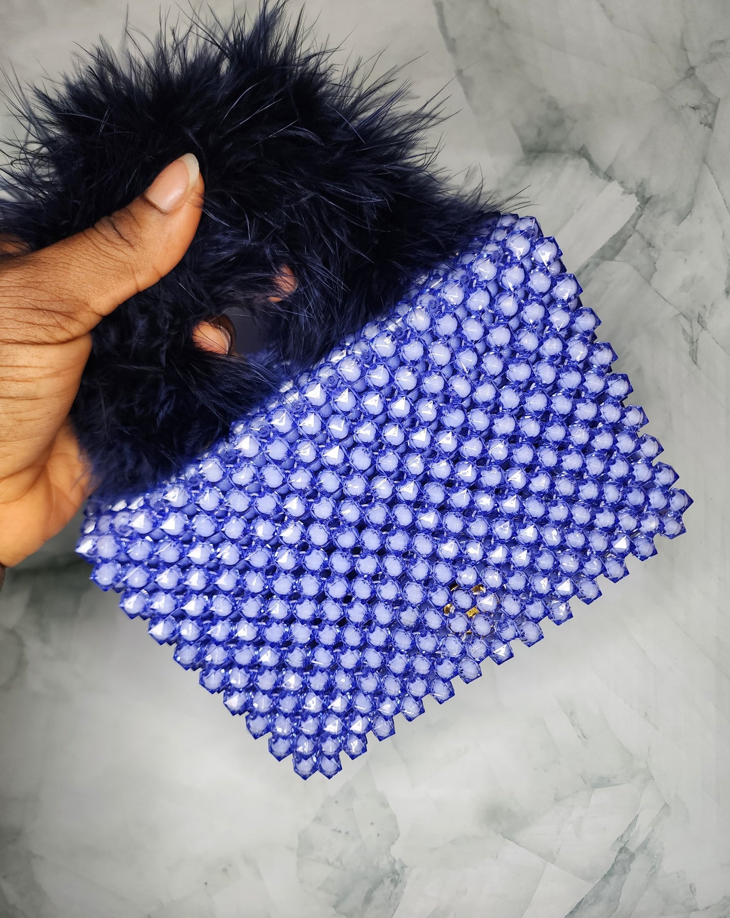 Handmade Blue Beaded Purse with Fluffy Handle