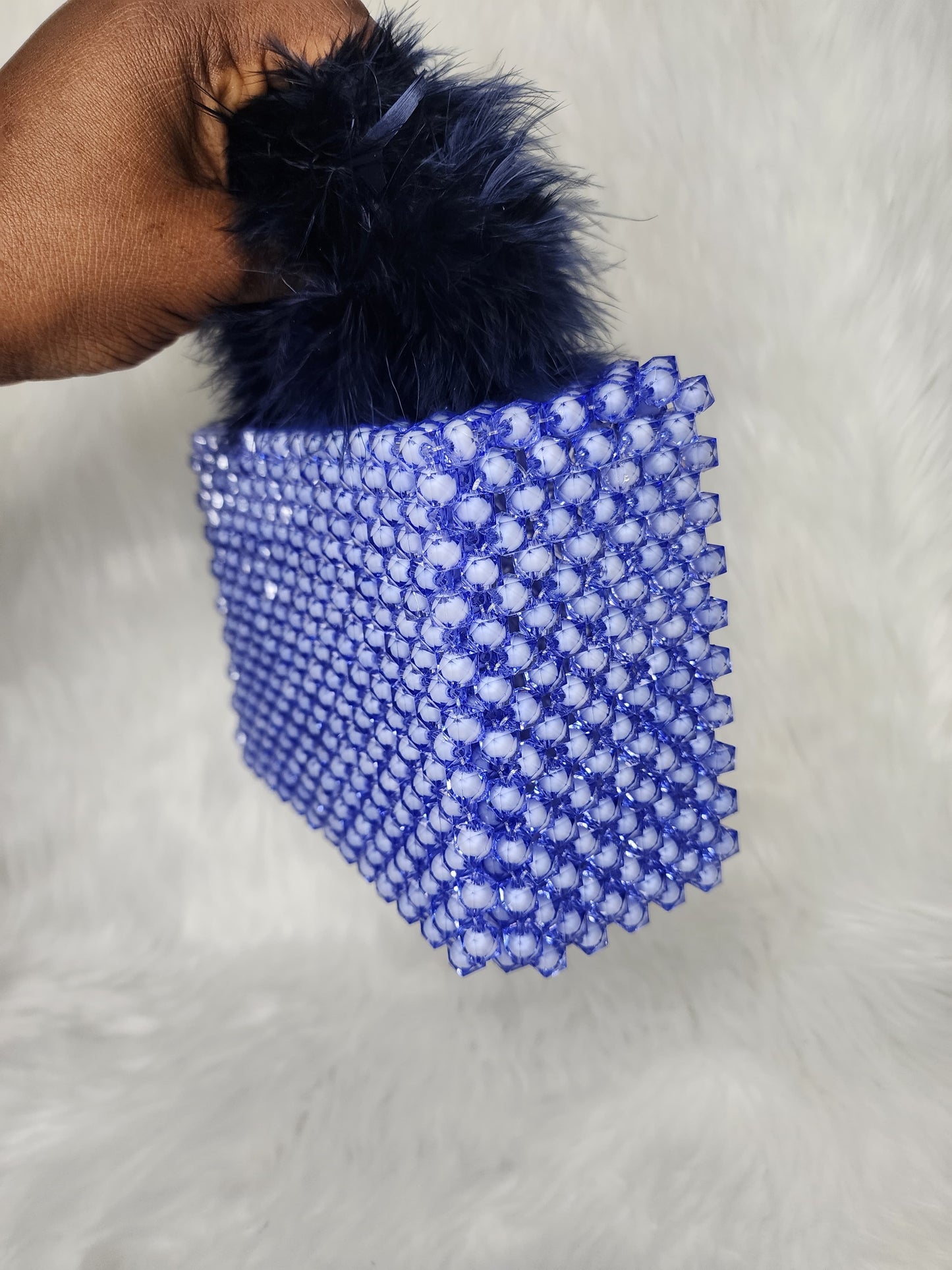 Handmade Blue Beaded Purse with Fluffy Handle