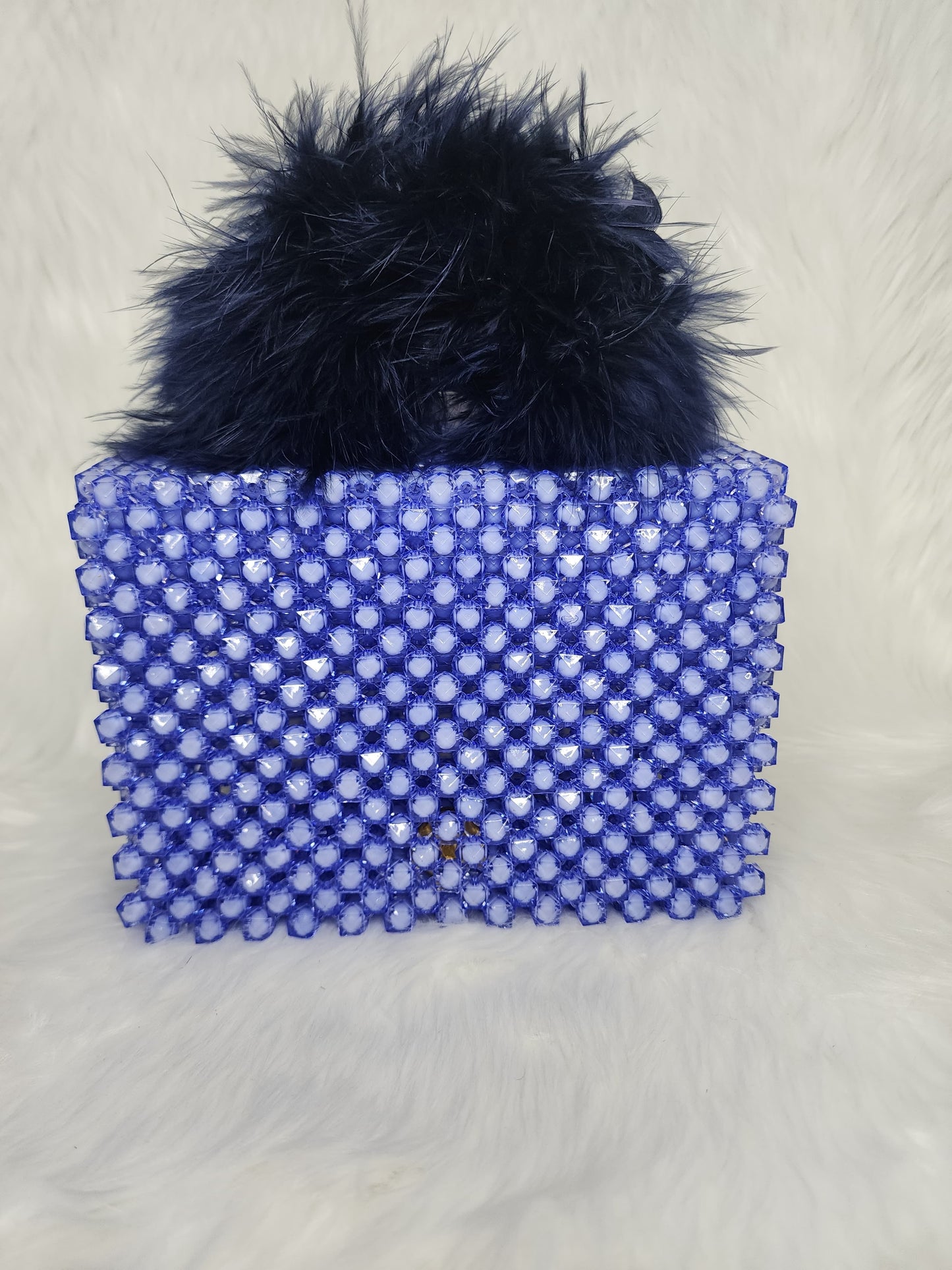 Handmade Blue Beaded Purse with Fluffy Handle