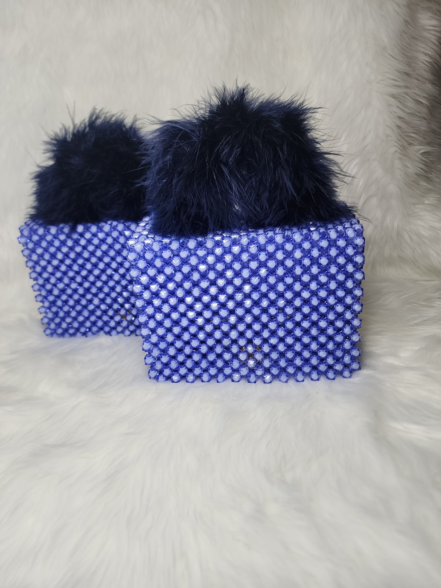 Handmade Blue Beaded Purse with Fluffy Handle