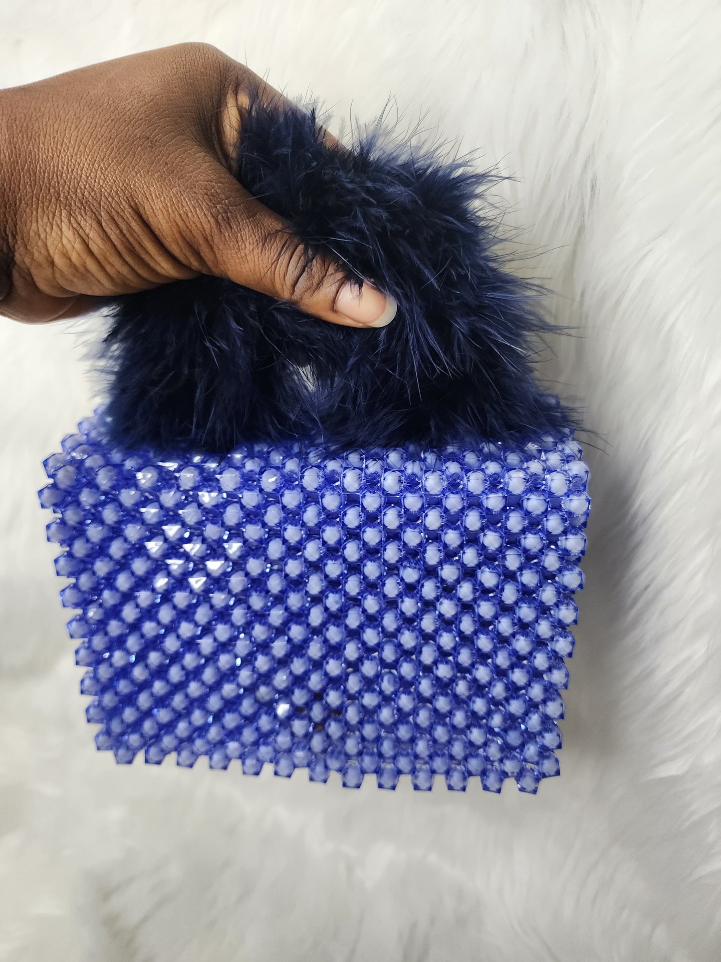 Handmade Blue Beaded Purse with Fluffy Handle