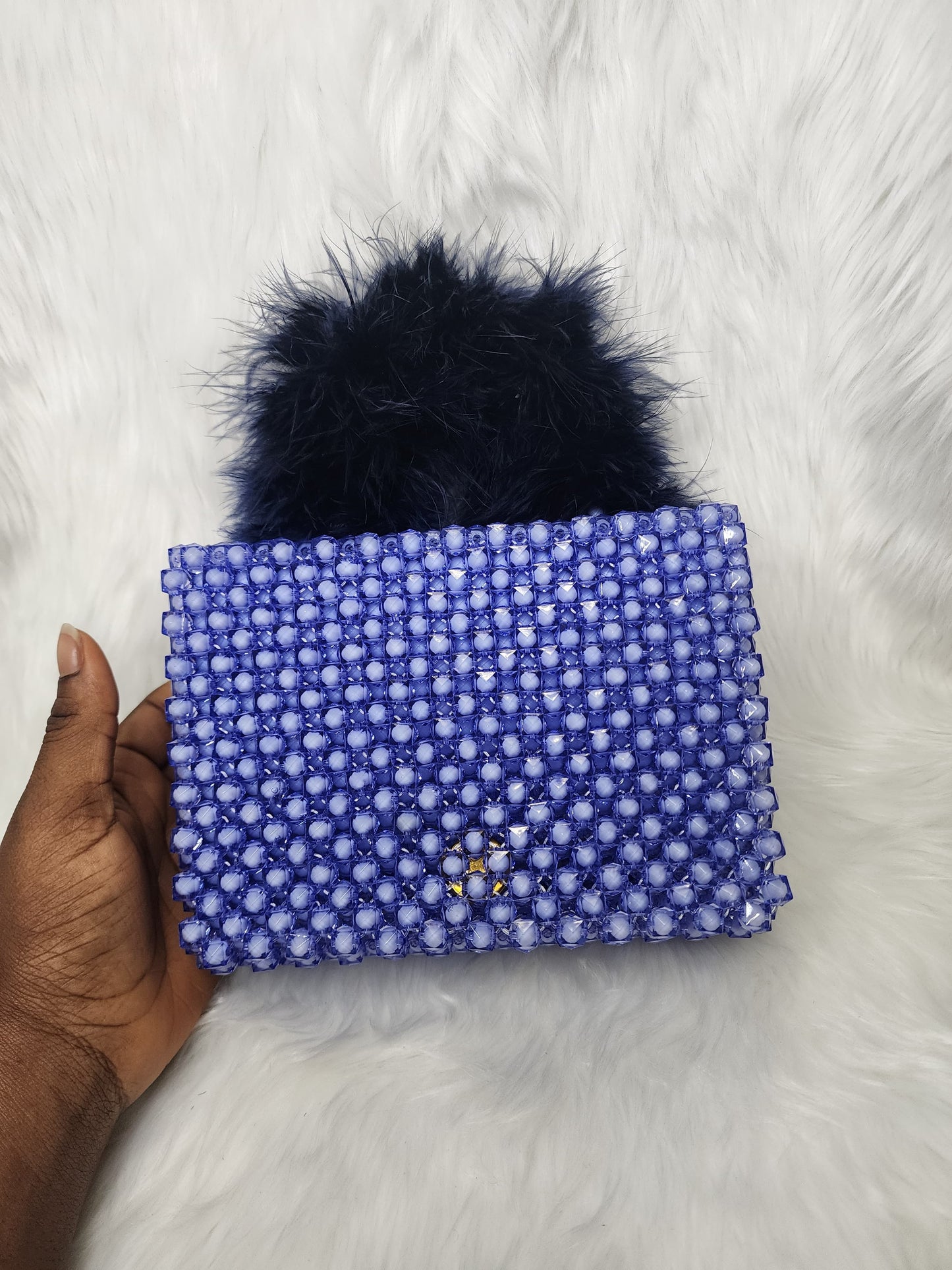 Handmade Blue Beaded Purse with Fluffy Handle