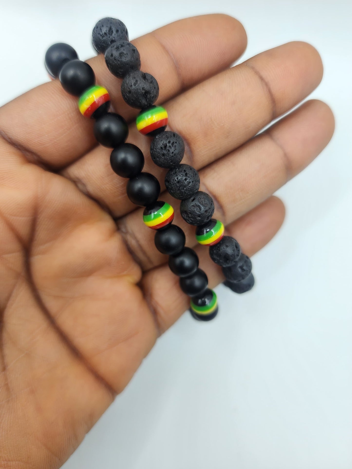 Beaded Bracelet with Rasta Colors and Black Beads