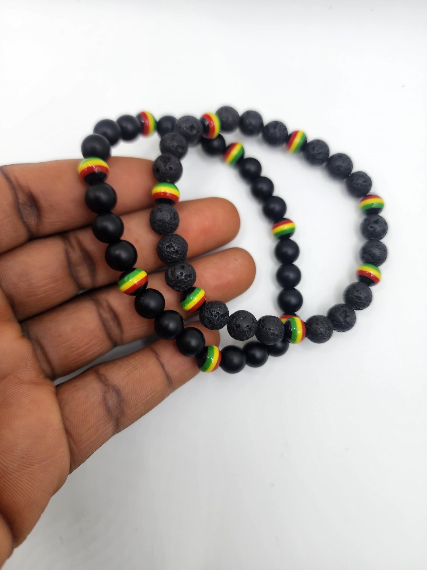 Beaded Bracelet with Rasta Colors and Black Beads