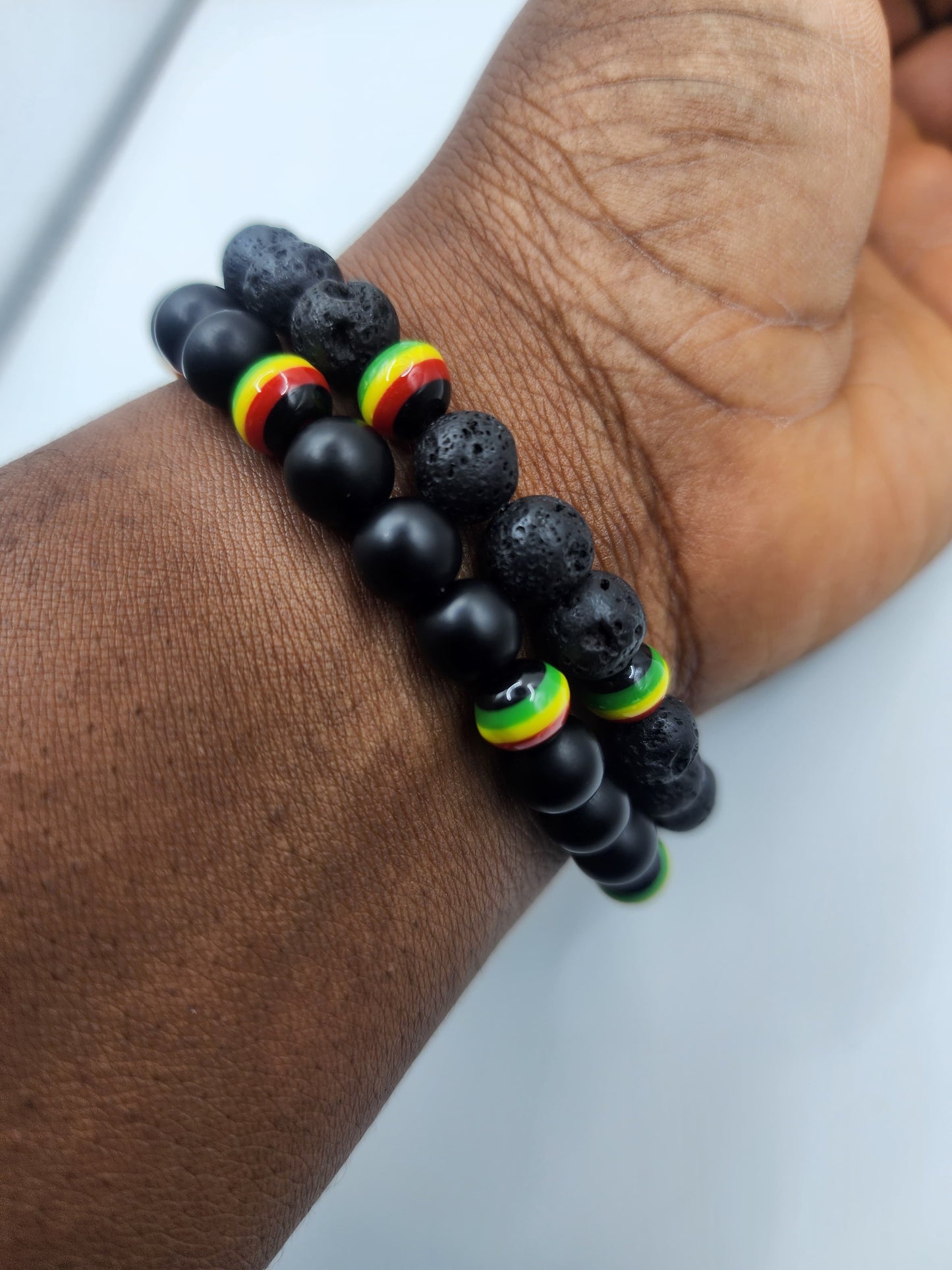 Beaded Bracelet with Rasta Colors and Black Beads