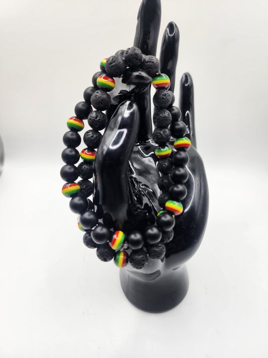 Beaded Bracelet with Rasta Colors and Black Beads