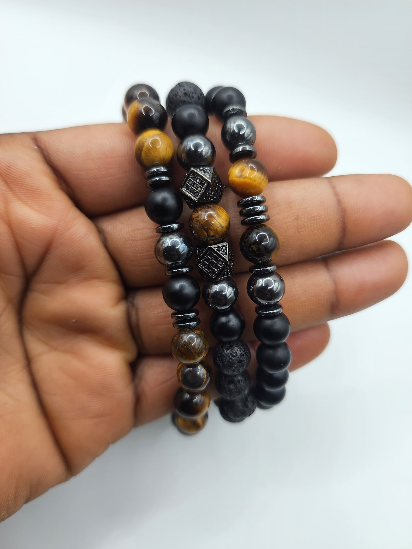 Triple Stone Bracelet Set - Black Onyx, Tiger's Eye, Hematite