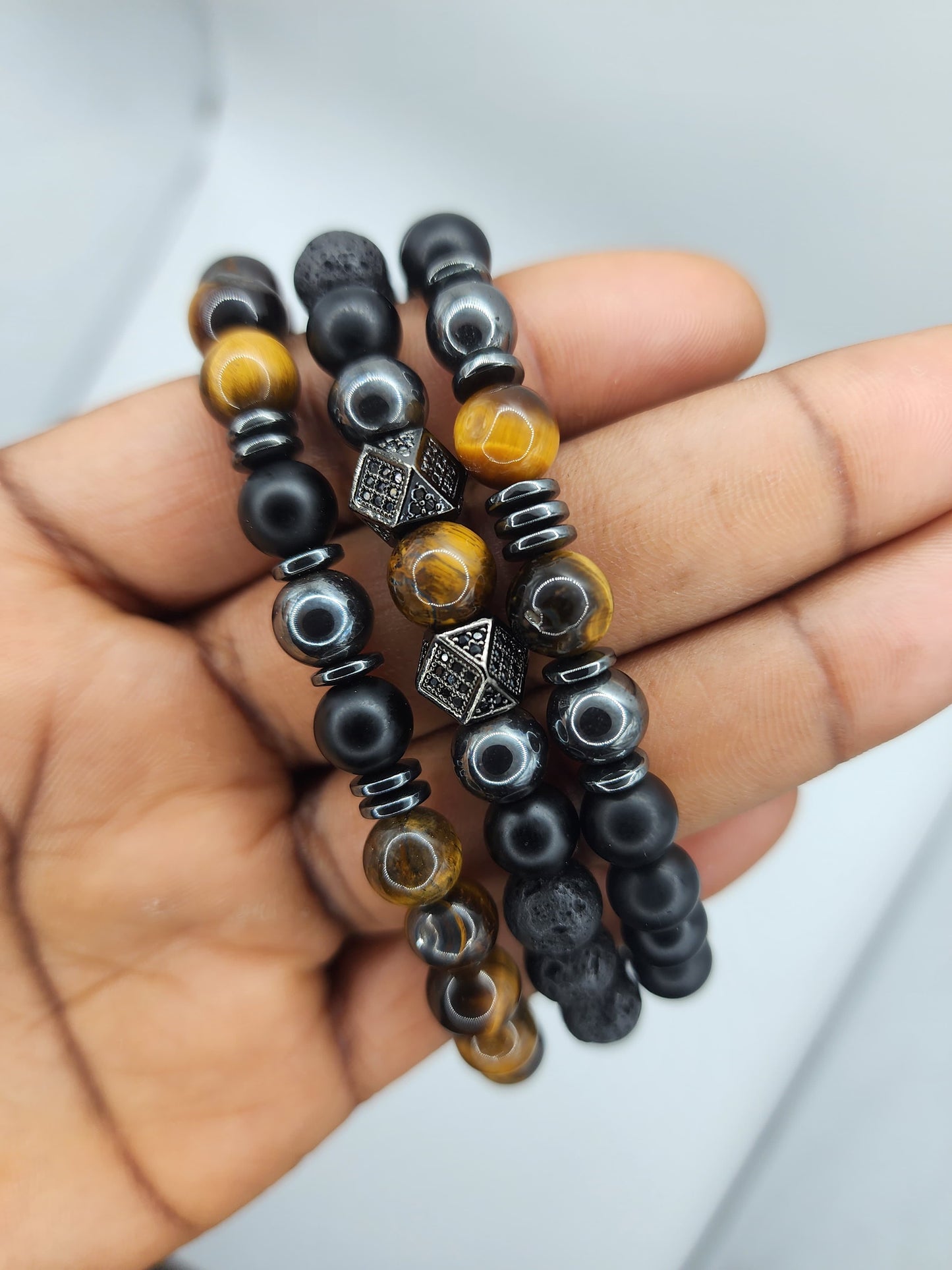 Triple Stone Bracelet Set - Black Onyx, Tiger's Eye, Hematite