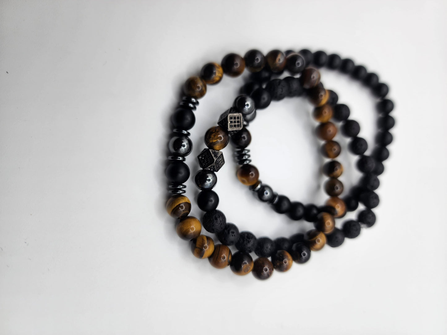 Triple Stone Bracelet Set - Black Onyx, Tiger's Eye, Hematite