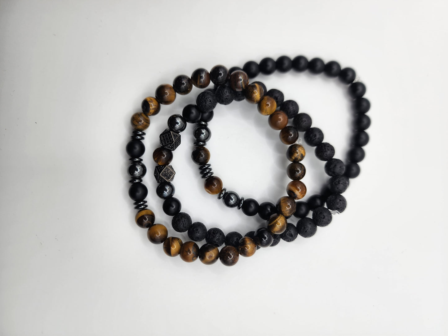 Triple Stone Bracelet Set - Black Onyx, Tiger's Eye, Hematite