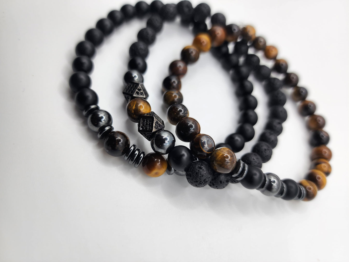 Triple Stone Bracelet Set - Black Onyx, Tiger's Eye, Hematite