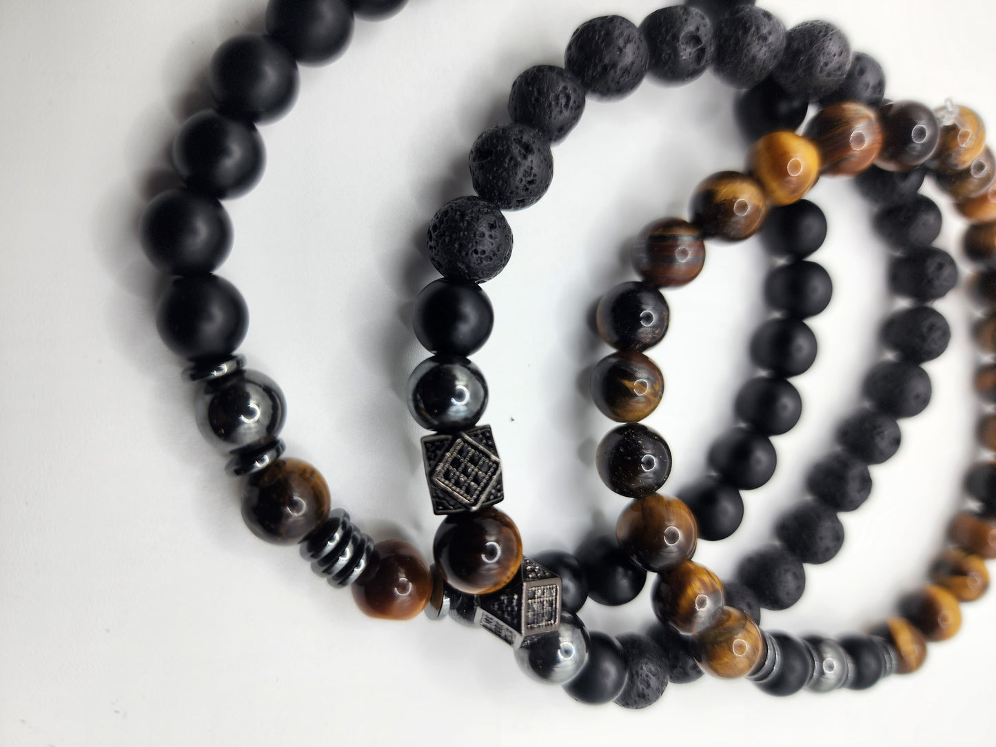 Triple Stone Bracelet Set - Black Onyx, Tiger's Eye, Hematite