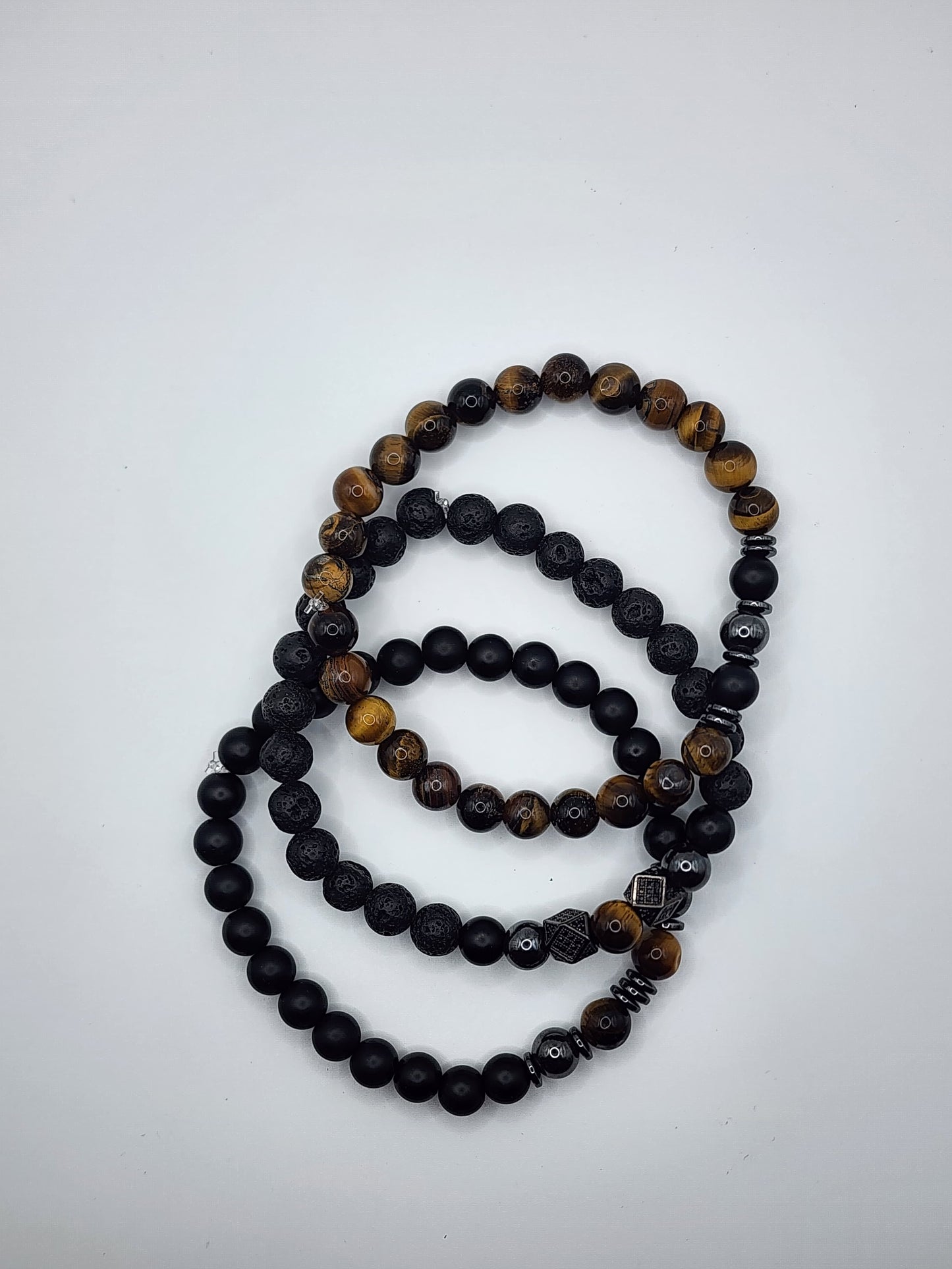 Triple Stone Bracelet Set - Black Onyx, Tiger's Eye, Hematite