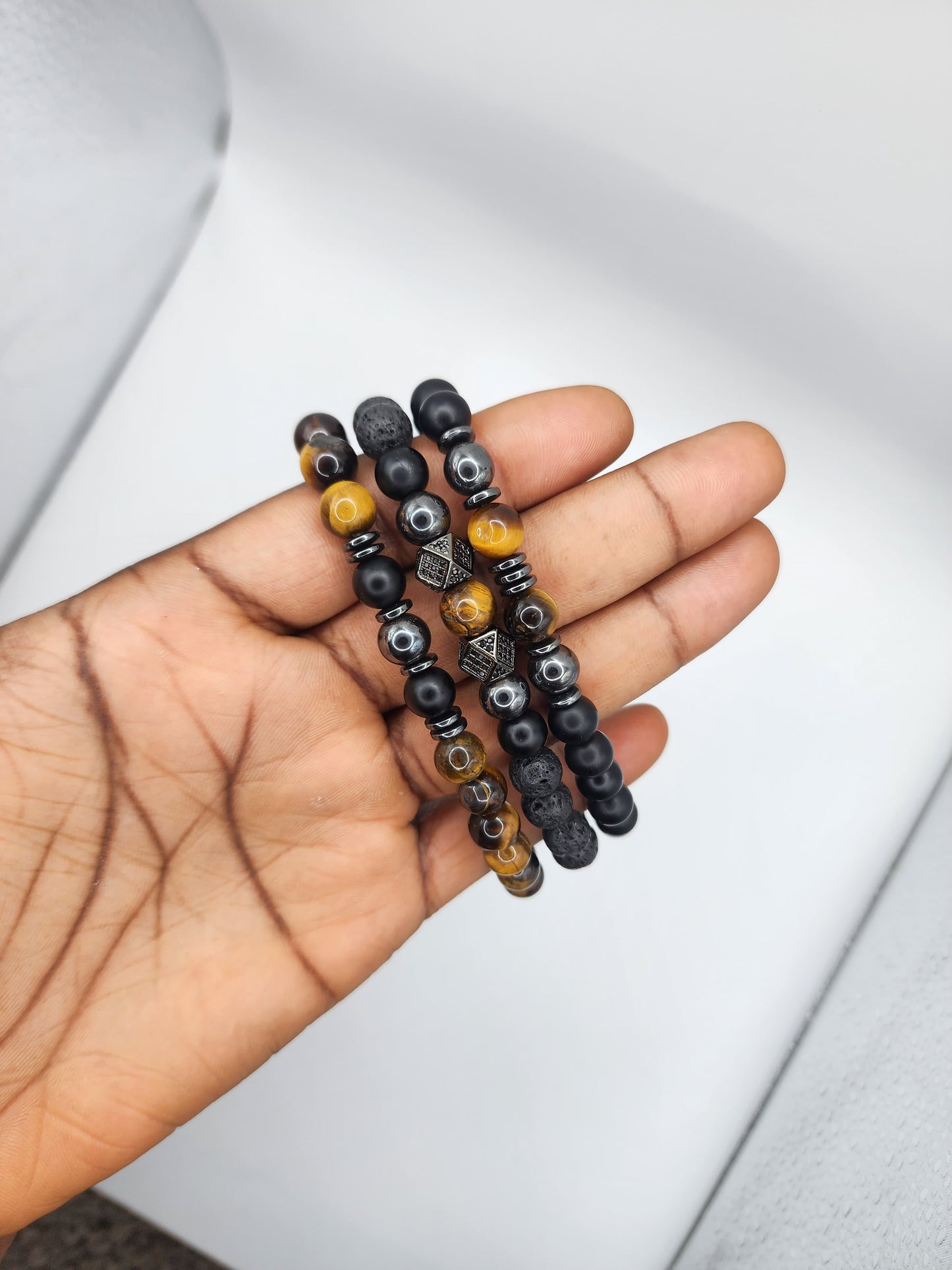 Triple Stone Bracelet Set - Black Onyx, Tiger's Eye, Hematite