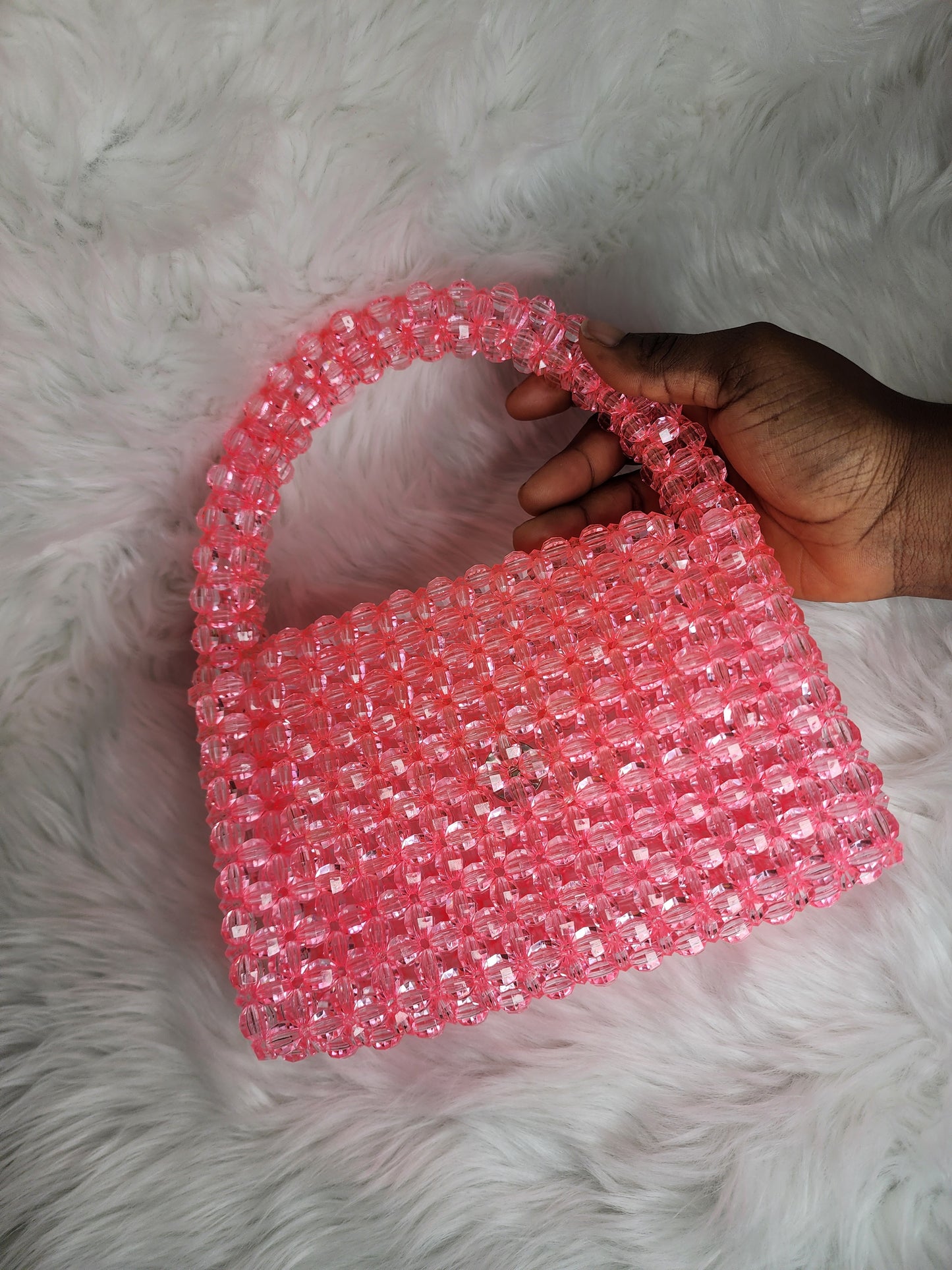 Top handle pink beaded purse