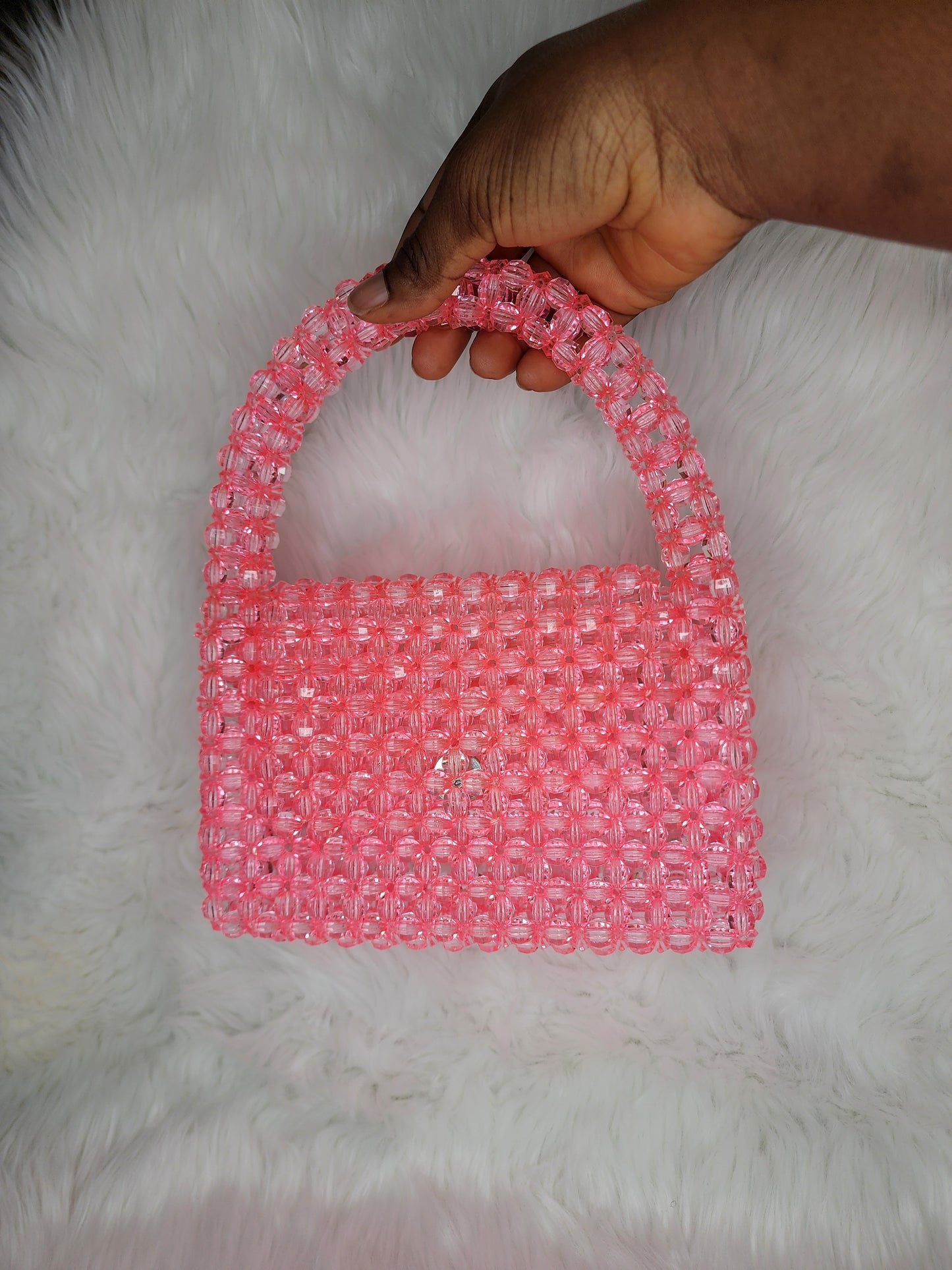 Top handle pink beaded purse